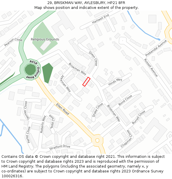 29, BRISKMAN WAY, AYLESBURY, HP21 8FR: Location map and indicative extent of plot