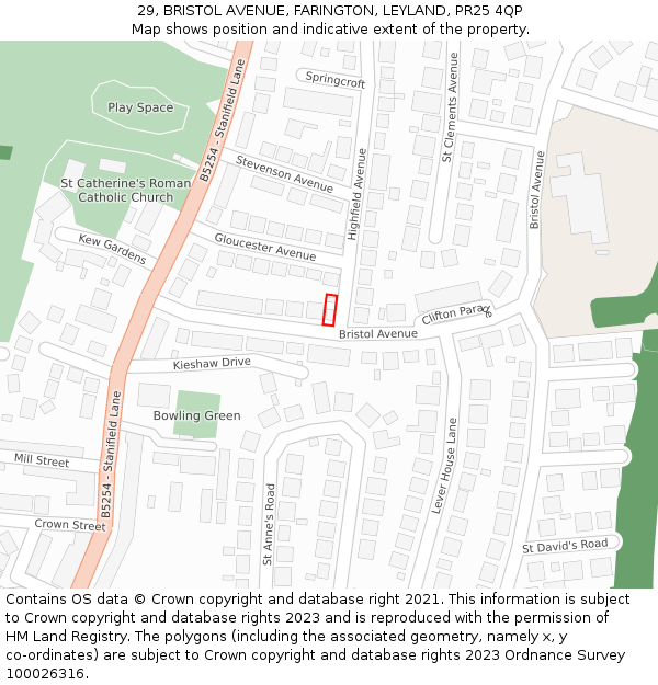 29, BRISTOL AVENUE, FARINGTON, LEYLAND, PR25 4QP: Location map and indicative extent of plot