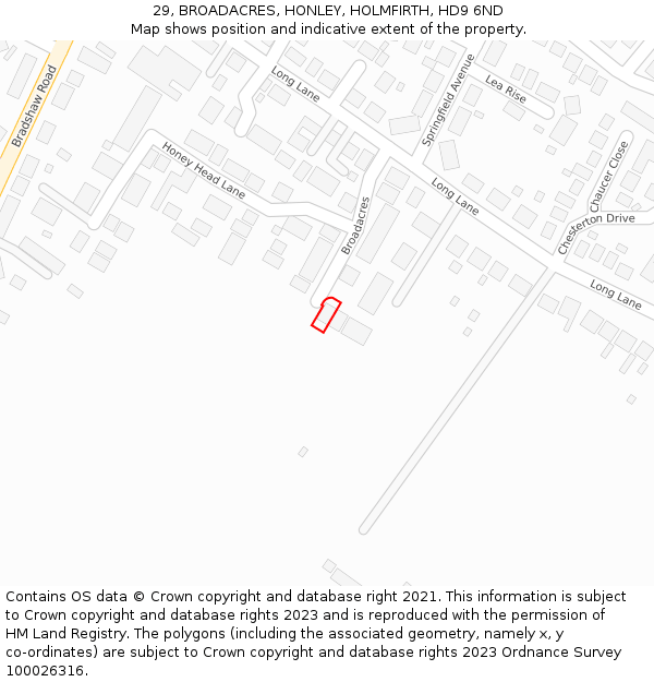 29, BROADACRES, HONLEY, HOLMFIRTH, HD9 6ND: Location map and indicative extent of plot