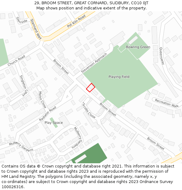 29, BROOM STREET, GREAT CORNARD, SUDBURY, CO10 0JT: Location map and indicative extent of plot