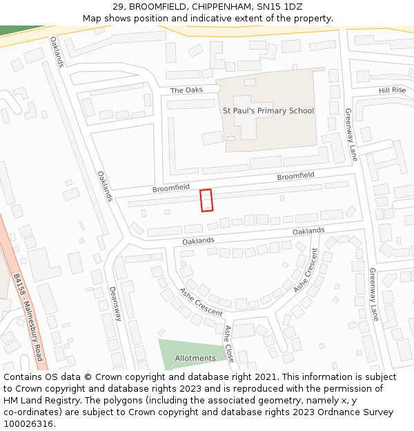 29, BROOMFIELD, CHIPPENHAM, SN15 1DZ: Location map and indicative extent of plot