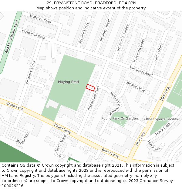29, BRYANSTONE ROAD, BRADFORD, BD4 8PN: Location map and indicative extent of plot
