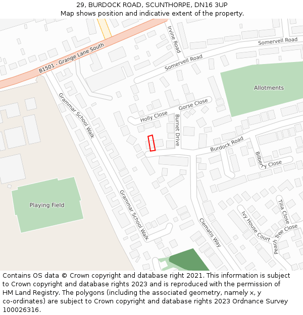 29, BURDOCK ROAD, SCUNTHORPE, DN16 3UP: Location map and indicative extent of plot