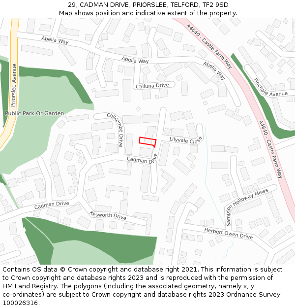 29, CADMAN DRIVE, PRIORSLEE, TELFORD, TF2 9SD: Location map and indicative extent of plot