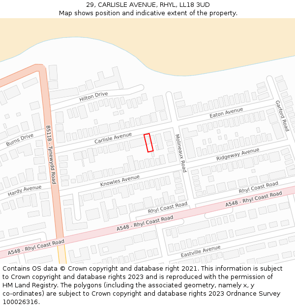 29, CARLISLE AVENUE, RHYL, LL18 3UD: Location map and indicative extent of plot