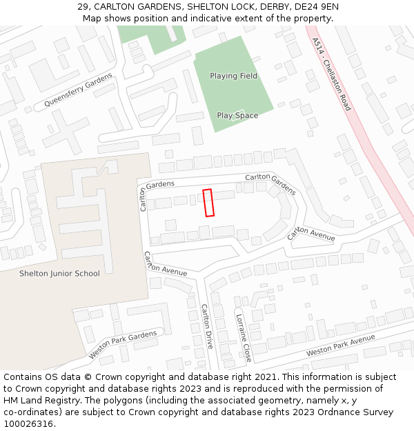 29, CARLTON GARDENS, SHELTON LOCK, DERBY, DE24 9EN: Location map and indicative extent of plot