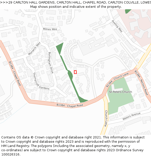 29 CARLTON HALL GARDENS, CARLTON HALL, CHAPEL ROAD, CARLTON COLVILLE, LOWESTOFT, NR33 8BL: Location map and indicative extent of plot