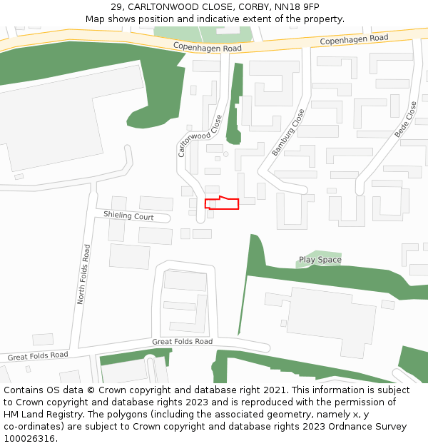 29, CARLTONWOOD CLOSE, CORBY, NN18 9FP: Location map and indicative extent of plot