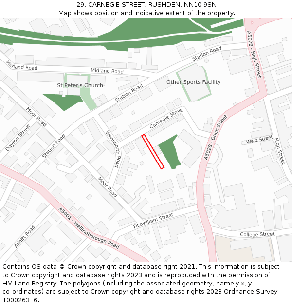 29, CARNEGIE STREET, RUSHDEN, NN10 9SN: Location map and indicative extent of plot