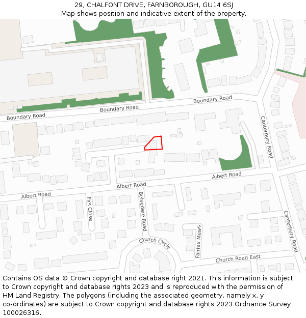29, CHALFONT DRIVE, FARNBOROUGH, GU14 6SJ: Location map and indicative extent of plot
