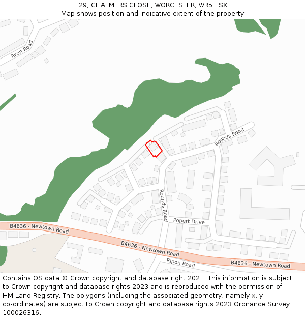 29, CHALMERS CLOSE, WORCESTER, WR5 1SX: Location map and indicative extent of plot