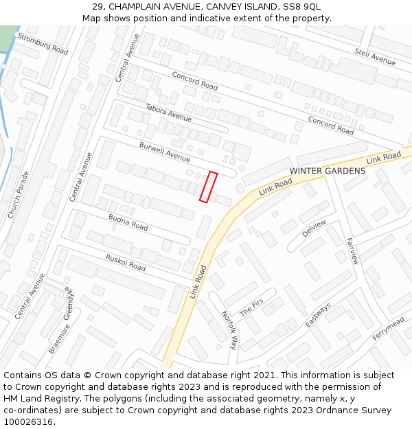 29, CHAMPLAIN AVENUE, CANVEY ISLAND, SS8 9QL: Location map and indicative extent of plot