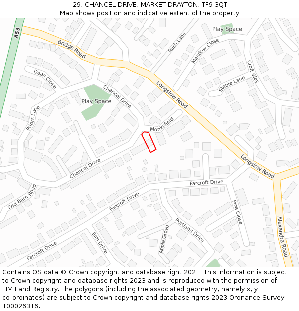 29, CHANCEL DRIVE, MARKET DRAYTON, TF9 3QT: Location map and indicative extent of plot