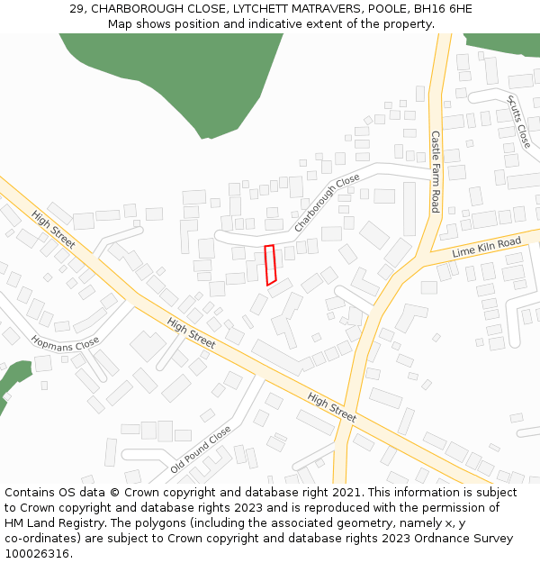 29, CHARBOROUGH CLOSE, LYTCHETT MATRAVERS, POOLE, BH16 6HE: Location map and indicative extent of plot