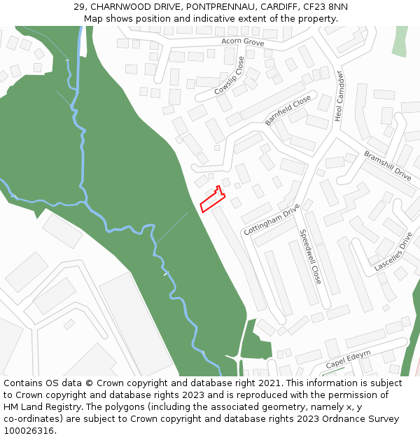 29, CHARNWOOD DRIVE, PONTPRENNAU, CARDIFF, CF23 8NN: Location map and indicative extent of plot