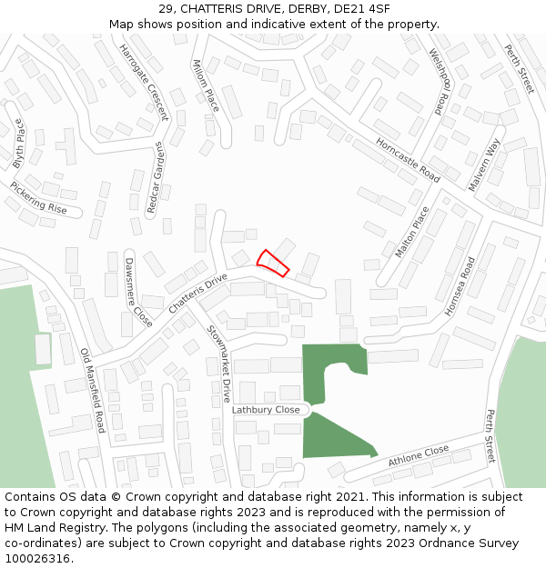 29, CHATTERIS DRIVE, DERBY, DE21 4SF: Location map and indicative extent of plot