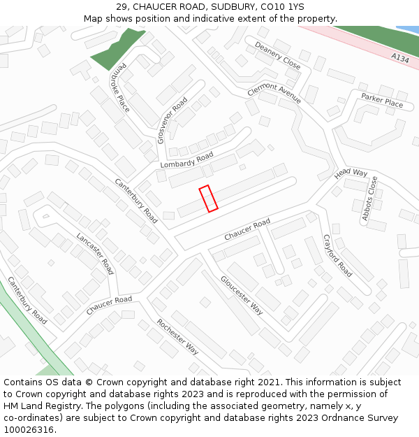 29, CHAUCER ROAD, SUDBURY, CO10 1YS: Location map and indicative extent of plot