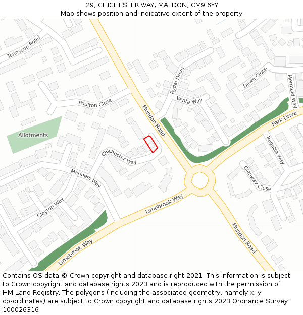 29, CHICHESTER WAY, MALDON, CM9 6YY: Location map and indicative extent of plot