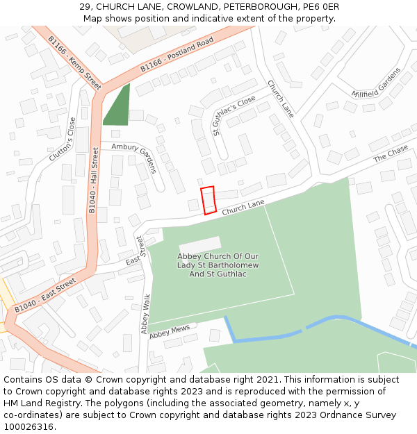 29, CHURCH LANE, CROWLAND, PETERBOROUGH, PE6 0ER: Location map and indicative extent of plot