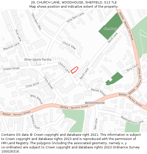 29, CHURCH LANE, WOODHOUSE, SHEFFIELD, S13 7LE: Location map and indicative extent of plot