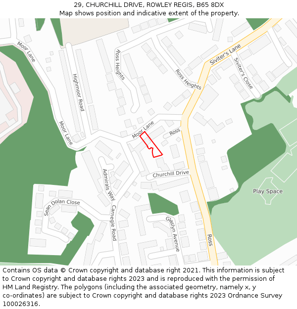 29, CHURCHILL DRIVE, ROWLEY REGIS, B65 8DX: Location map and indicative extent of plot
