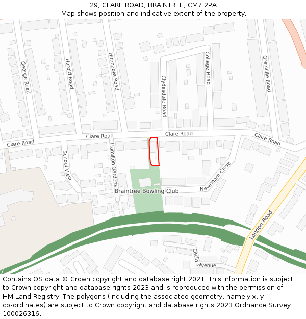 29, CLARE ROAD, BRAINTREE, CM7 2PA: Location map and indicative extent of plot