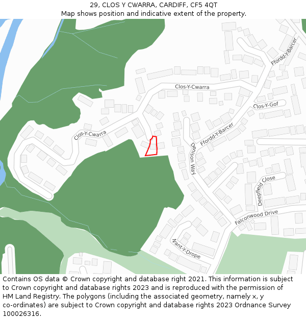 29, CLOS Y CWARRA, CARDIFF, CF5 4QT: Location map and indicative extent of plot