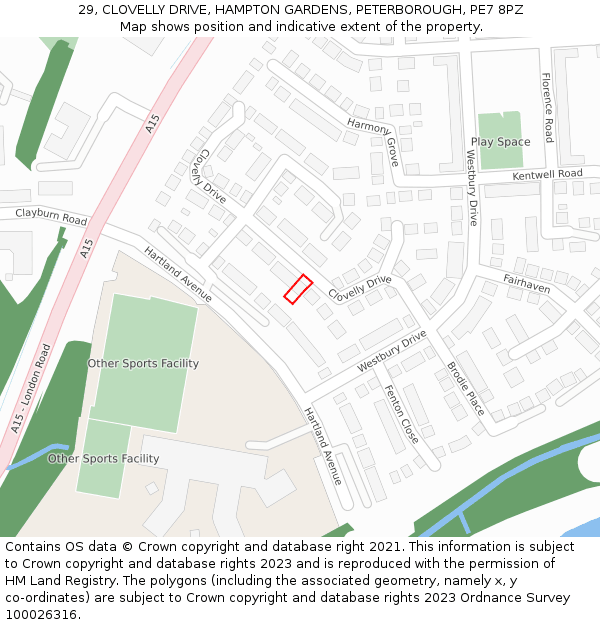 29, CLOVELLY DRIVE, HAMPTON GARDENS, PETERBOROUGH, PE7 8PZ: Location map and indicative extent of plot