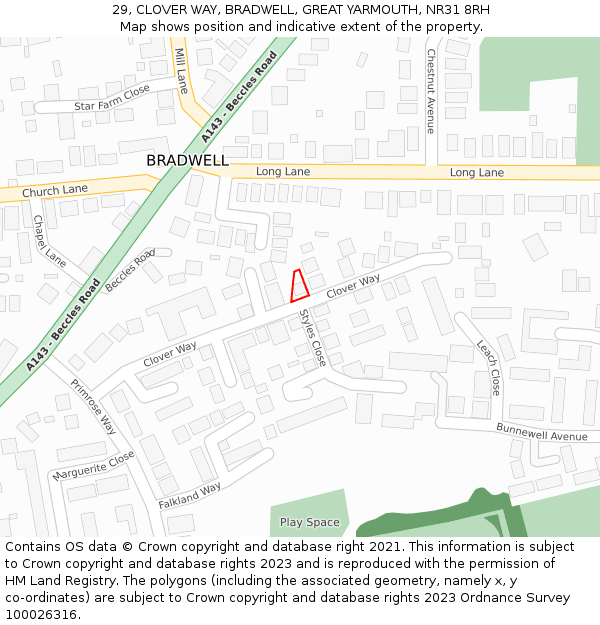 29, CLOVER WAY, BRADWELL, GREAT YARMOUTH, NR31 8RH: Location map and indicative extent of plot
