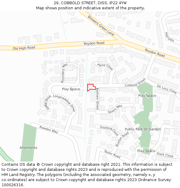 29, COBBOLD STREET, DISS, IP22 4YW: Location map and indicative extent of plot