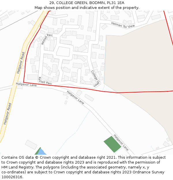 29, COLLEGE GREEN, BODMIN, PL31 1EA: Location map and indicative extent of plot