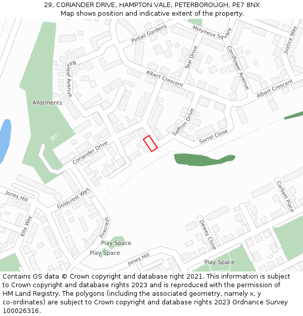 29, CORIANDER DRIVE, HAMPTON VALE, PETERBOROUGH, PE7 8NX: Location map and indicative extent of plot