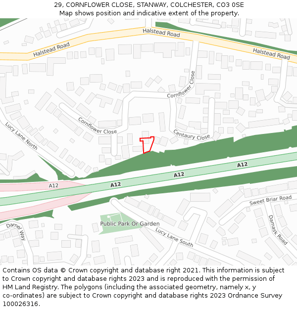 29, CORNFLOWER CLOSE, STANWAY, COLCHESTER, CO3 0SE: Location map and indicative extent of plot