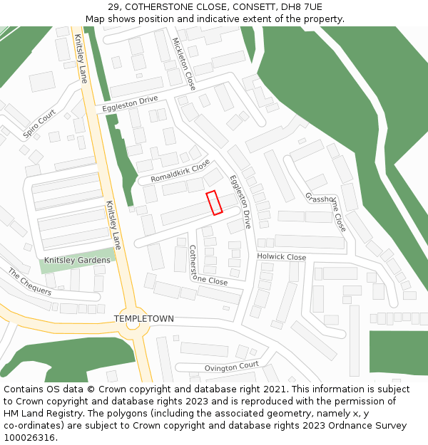 29, COTHERSTONE CLOSE, CONSETT, DH8 7UE: Location map and indicative extent of plot