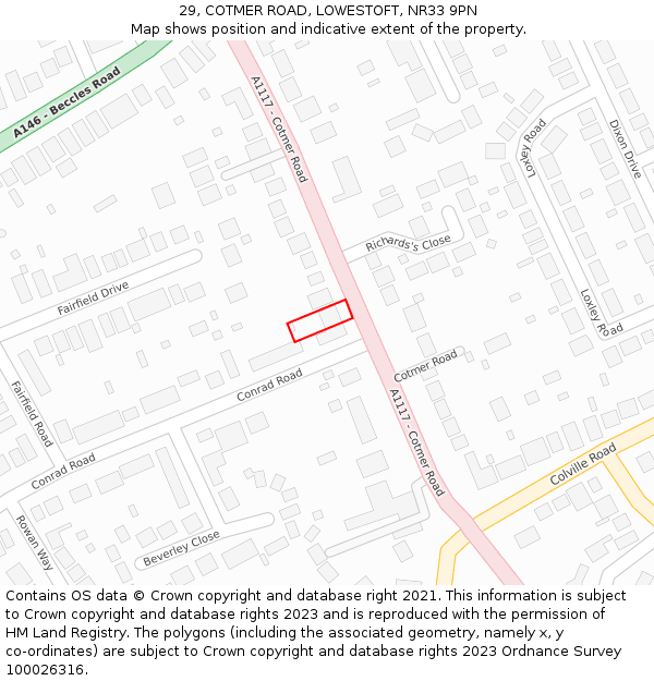 29, COTMER ROAD, LOWESTOFT, NR33 9PN: Location map and indicative extent of plot