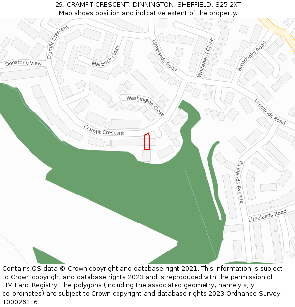 29, CRAMFIT CRESCENT, DINNINGTON, SHEFFIELD, S25 2XT: Location map and indicative extent of plot