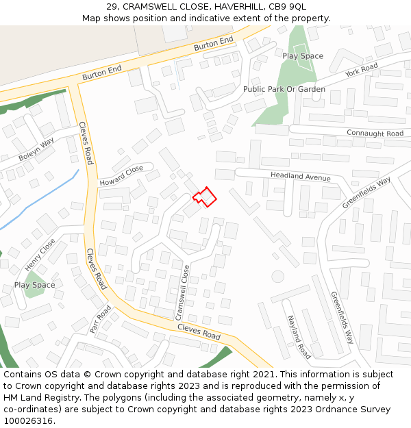 29, CRAMSWELL CLOSE, HAVERHILL, CB9 9QL: Location map and indicative extent of plot
