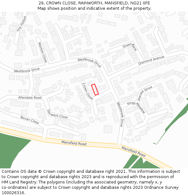 29, CROWN CLOSE, RAINWORTH, MANSFIELD, NG21 0FE: Location map and indicative extent of plot
