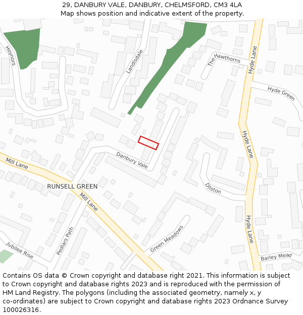 29, DANBURY VALE, DANBURY, CHELMSFORD, CM3 4LA: Location map and indicative extent of plot