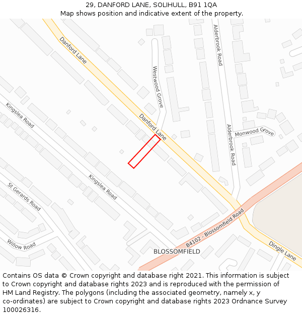 29, DANFORD LANE, SOLIHULL, B91 1QA: Location map and indicative extent of plot
