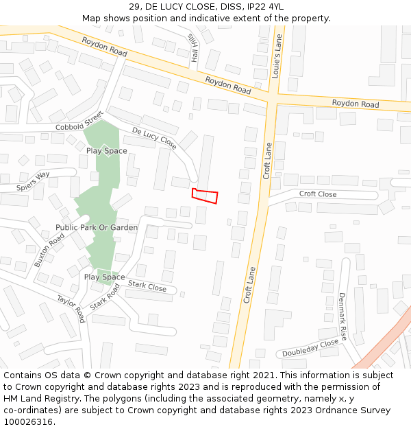 29, DE LUCY CLOSE, DISS, IP22 4YL: Location map and indicative extent of plot
