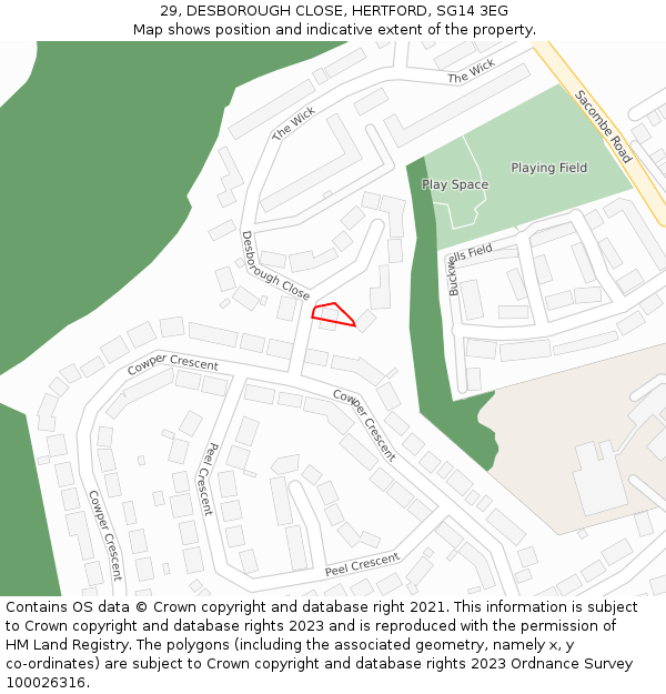 29, DESBOROUGH CLOSE, HERTFORD, SG14 3EG: Location map and indicative extent of plot