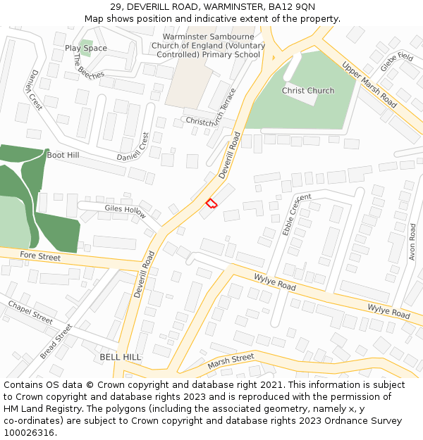 29, DEVERILL ROAD, WARMINSTER, BA12 9QN: Location map and indicative extent of plot