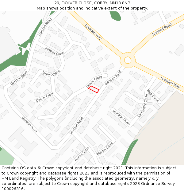 29, DOLVER CLOSE, CORBY, NN18 8NB: Location map and indicative extent of plot