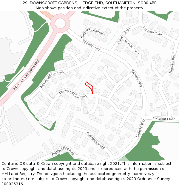 29, DOWNSCROFT GARDENS, HEDGE END, SOUTHAMPTON, SO30 4RR: Location map and indicative extent of plot