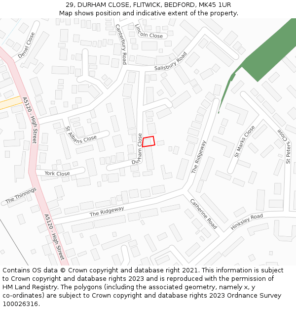 29, DURHAM CLOSE, FLITWICK, BEDFORD, MK45 1UR: Location map and indicative extent of plot