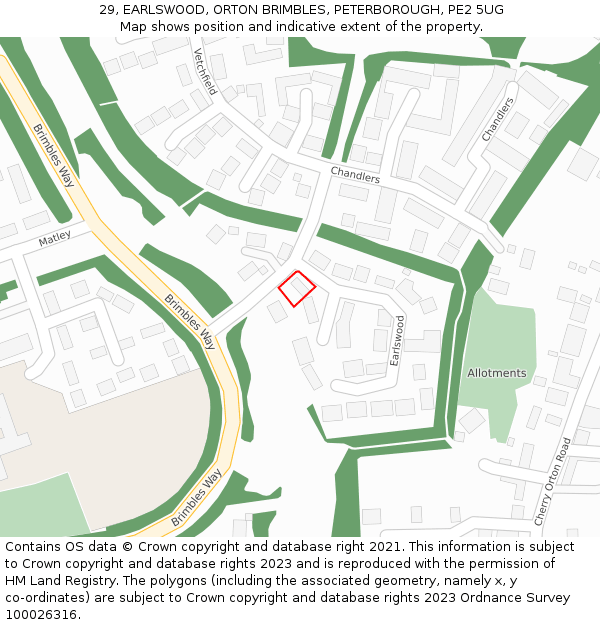 29, EARLSWOOD, ORTON BRIMBLES, PETERBOROUGH, PE2 5UG: Location map and indicative extent of plot