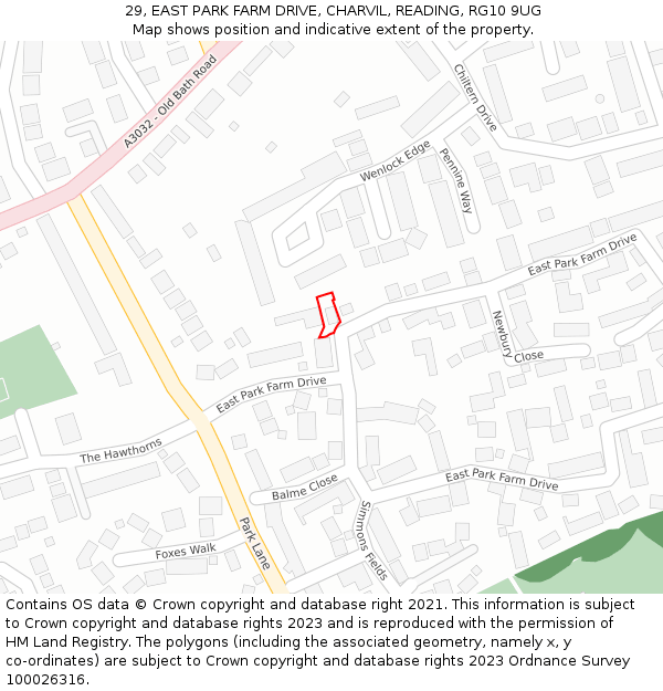 29, EAST PARK FARM DRIVE, CHARVIL, READING, RG10 9UG: Location map and indicative extent of plot