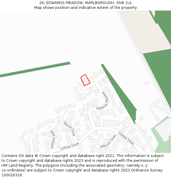 29, EDWARDS MEADOW, MARLBOROUGH, SN8 1UL: Location map and indicative extent of plot