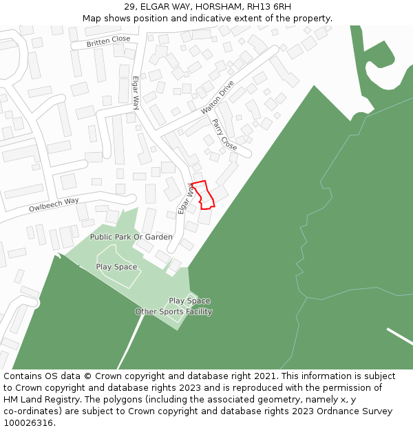 29, ELGAR WAY, HORSHAM, RH13 6RH: Location map and indicative extent of plot
